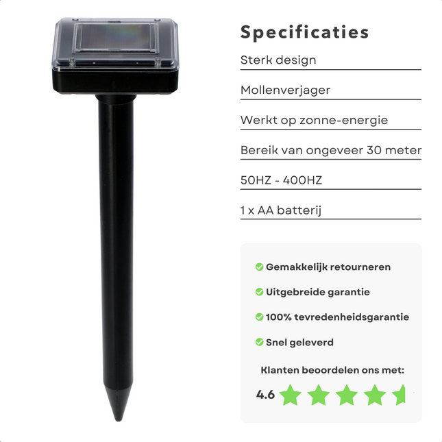 Cheqo® Diervriendelijke Solar Mollenverjager - Mollen Verjagen - Dier- en Milieuvriendelijk - 50Hz-400Hz - 2s Geluid, 20s Interval - Aan/Uit-Schakelaar - 30m Bereik - 1x AA Batterij Ultrasone verjagers