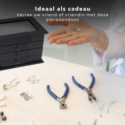 Cheqo® Luxe Sieradenbox Met Spiegel - Bijouteriedoos Opbergbox - Juwelen Opbergdoos - Juwelendoos - MDF - 3 Laden - Zwart - 17x25x15cm Sieradendoos