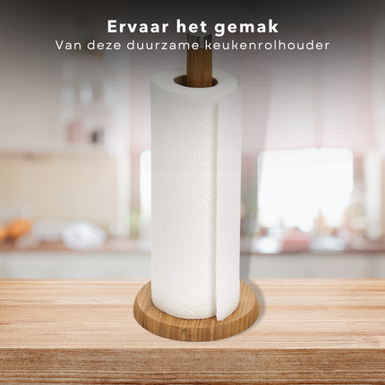 Cheqo® Handige Keukenrolhouder - Keukenpapier Houder - Rollenhouder - Milieuvriendelijk Bamboe - 14cm Diameter Basis - 32.5cm Hoogte Keukenrolhouder