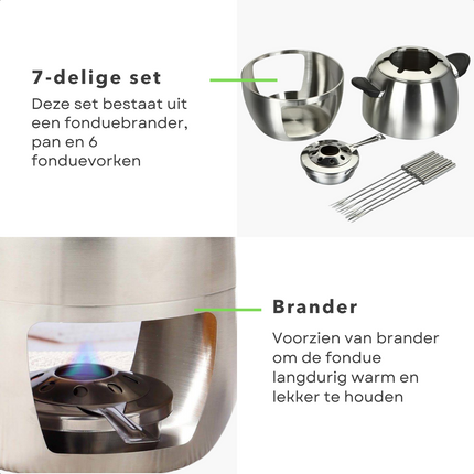 Cheqo® Fondueset - Fonduepan - 6 personen - RVS - ø23.5xh21cm - Spatdeksel - Met Fonduevorken en Fonduebrander - 859g Fondueset
