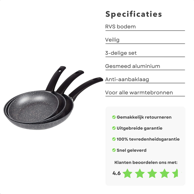 Cheqo® Koekenpannenset - Koekenpan Set - Pannenset - 3 stuks - Ø20, 24, 28cm - 100% Gerecycled Aluminium - RVS Bodem - PFOA-Vrij - Geen Lood, Geen Cadmium - Gas, Inductie, Elektrisch, Keramisch, Halogeen Koekenpan