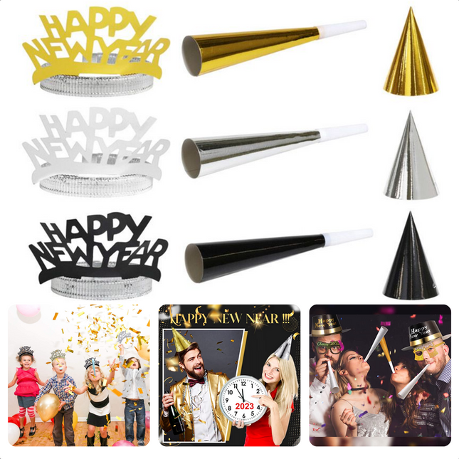 Cheqo® Partyset Happy New Year - 20 delig - 5 Tiaras, 5 Feesthoedjes, 10 Toeters - Goud, Zwart, Zilver - Feestaccessoires - Gelukkig Nieuwjaar - Feest - Decoratie feestpakketten