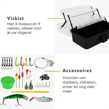 Cheqo® Viskoffer met Accessoires - Visspullen met Alle Benodigdheden - Vis Set - 30x19x15cm - Inclusief Dobbers, Vishaken, Snoer, Draad & Meer Viskoffer
