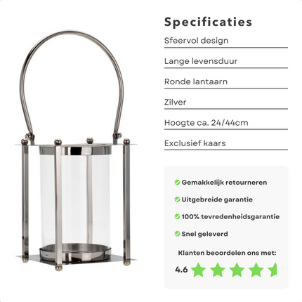 Cheqo® Luxe Ronde Lantaarn - Kaarsenhouder - Zilverkleurig - 24/44cm - 16x16cm - Zonder Kaars Tuinlantaarns