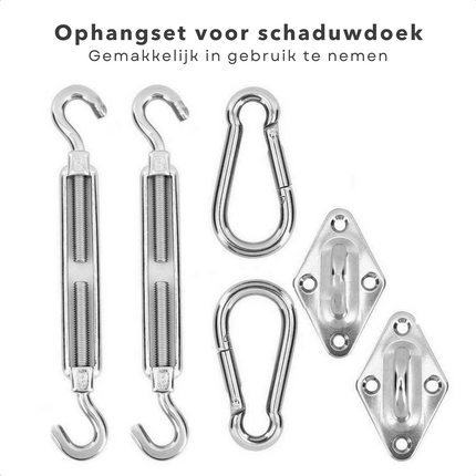 Cheqo® Bevestigingsset Zonnezeilen en Schaduwdoeken - 6 Delig - Ophangset voor Schaduwdoek - 2x Karabijnhaken, 2x Spanhaken, 2x Plaat met Oog - Zonneluifel - Zware Uitvoering Schaduwdoek bevestigingsmateriaal