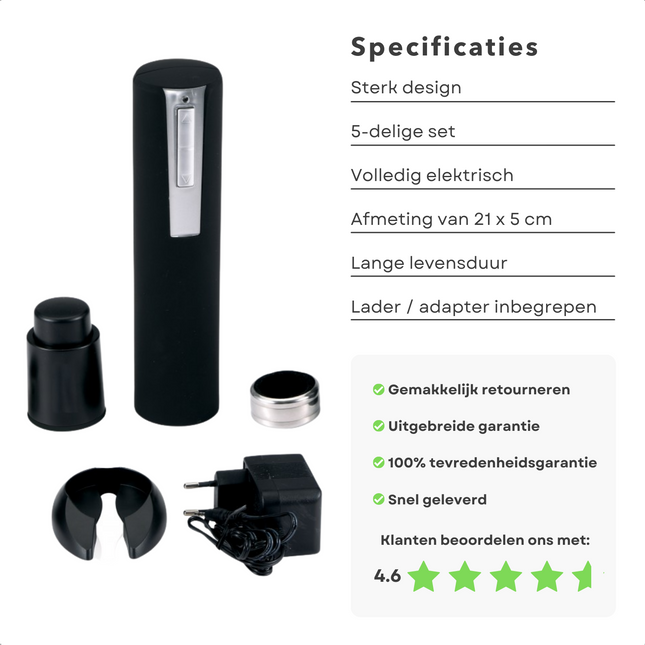 Cheqo® Elektrische Kurkentrekker - Wijnopener Set - 21x5cm - Wijnset - Vacuum Wijnpomp - Foliesnijder - Wijnflesopener - Inclusief Adapter Kurkentrekkers