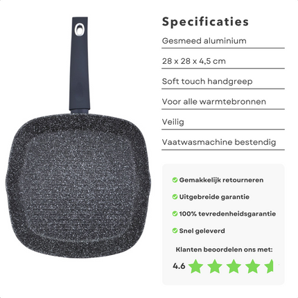 Cheqo® Grillpan Inductie - ø28cm - Alle Warmtebronnen - Steakpan - Gesmeed Aluminium - 4-laags marmer coating - PFOA-vrij - Geen lood/cadmium - Soft Touch handgreep - Vaatwasmachine bestendig Grillpan