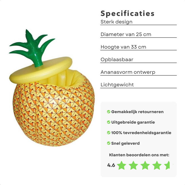 Cheqo® Ijsemmer - Drankkoeler Opblaasbaar - Drankhouder - Flesenkoeler - Wijnkoeler - Ø25cm - Opblaasbaar Ananas - 33cm Hoogte IJsemmer