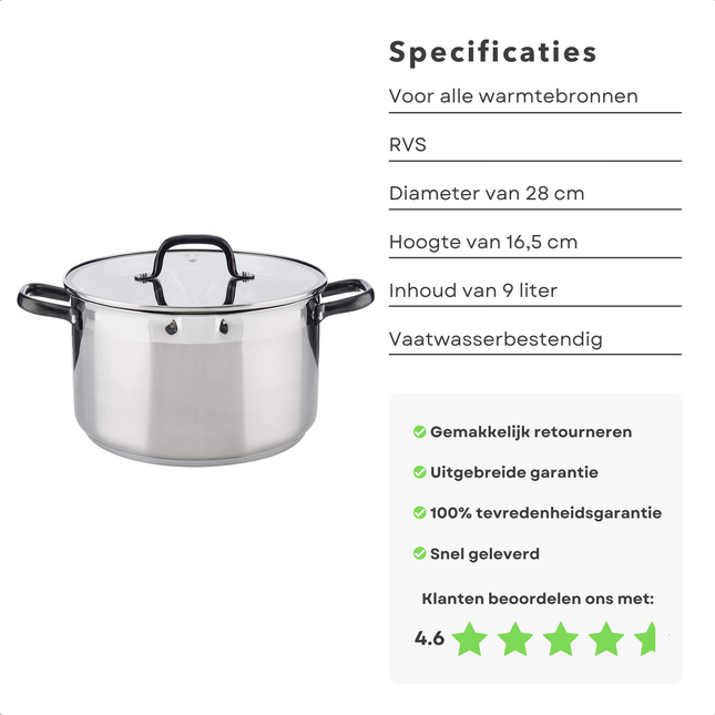 Cheqo® Kookpan - 28 cm - 9.0 L - RVS - Glazen Deksel - Alle Warmtebronnen - Vaatwasmachine-bestendig - Ook voor inductie Kookpan