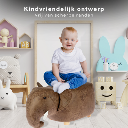 Cheqo® Poef Olifant - Zitpoef - Kinderkruk - Voetenbank - 65x37cm - Kunstleer & Hout - Extra Zitplaats - Accessoire Woon- & Slaapkamer Poefs