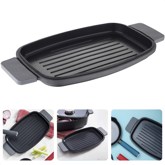 Cheqo®XL Grillpan - 42,4 x 22 x 3 cm - Gegoten Aluminium - Soft-Touch Handvaten - Krasbestendig - PFOA-vrij - Barbecue - BBQ - Ovenbestendig - Voor Alle Warmtebronnen - Veilig - Gemakkelijk Schoon Te Maken - Gelijkmatige Warmteverdeling Grillpan