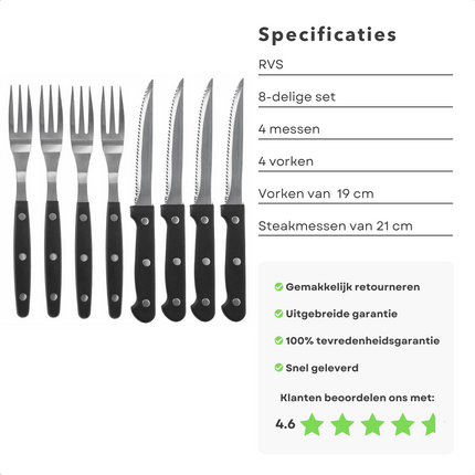 Cheqo® 8-delige Barbecue Bestekset - Steakmes & Vorkset - Kartelmes - Perfect voor BBQ - 4 Messen & 4 Vorken - RVS - 19cm Vorken & 21cm Steakmessen Messensets