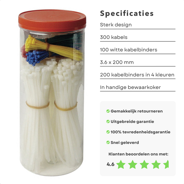 Cheqo® 300 Kabelbinders - Tie Ribs - 3,6x200mm & 2,5x100mm - 4 Kleuren - In Koker Kabelbinders