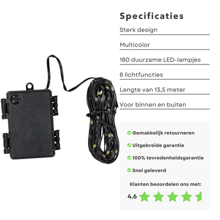 Cheqo® Soft Wire LED Verlichting - 180 LED - 13.5m - Multicolor - Binnen & Buiten - 8 Lichtfuncties - 7,5cm Afstand - Groen Snoer - 3.6W - IP44 Adapter - Kerstboomverlichting - Kerstlampjes - Sfeerverlichting - Veelkleurig Kerstboomverlichting
