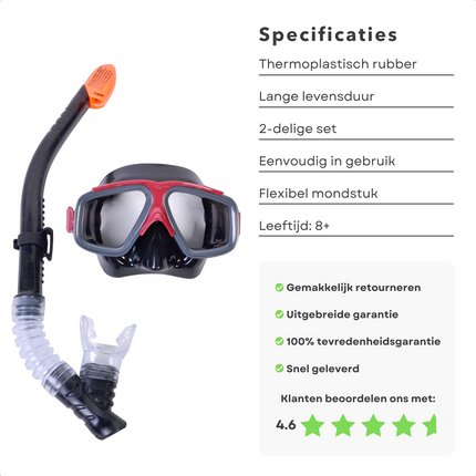 Cheqo® Zwembril & Snorkelset - Snorkel Set - Leeftijd 8+ - Flexibel - Veiligheidslens - Zacht Mondstuk - Thermoplastische Rubberen Rand - Eenvoudig Verstelbaar Snorkelset