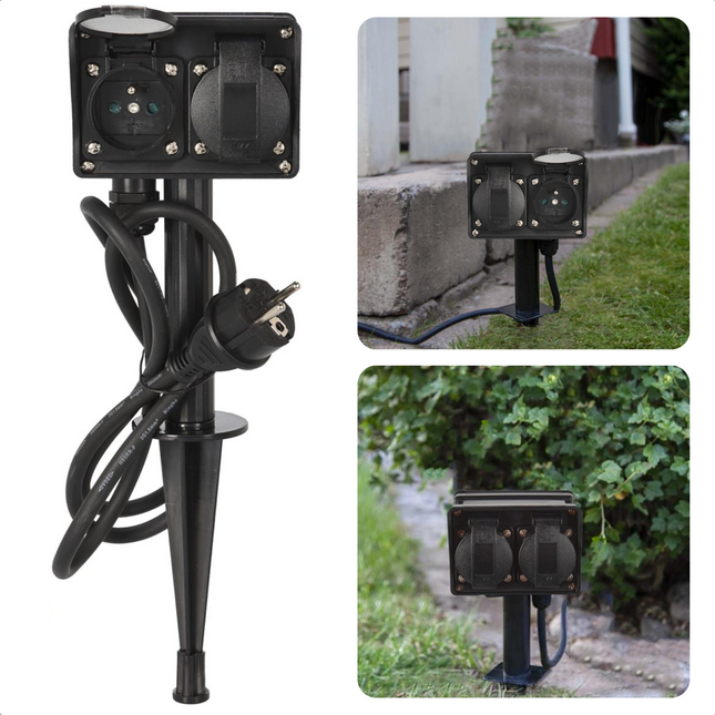 Cheqo® Praktische Tuinstekkerdoos - Stekkerdoos Buiten - Tuincontactdoos - 4-Voudig - Buitencontactdoos 2+2-Voudig - Met Grondpen - Randaarde - Kinderbeveiliging - IP44 - 3680W - 16A - 250V Stekkerdoos