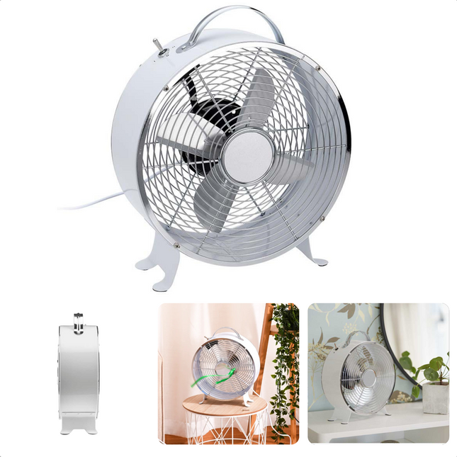 Cheqo® Robuuste Metalen Tafelventilator - Ventilator - Fan - 25W - 2 Snelheden - Ø 26cm - Wit - Met Draaggreep - Gewicht 1.9kg Ventilator