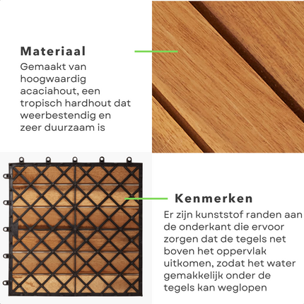 Cheqo® Acacia Houten Terrastegels - 30x30 cm - 9 stuks - 0.81m2 - Balkon, Terras of Vlonder - Snelle Montage - Vlondertegel - Tuintegels - Terrasplanken - Balkon vloer - Kliktegels - Buiten tegels - Warme Uitstraling Terrastegels