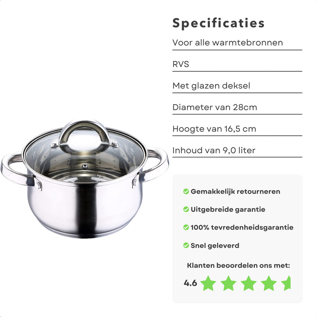 Cheqo® RVS Kookpan 28cm - 9.0L - Mat - Glanzend - Glasdeksel - Voor Alle Warmtebronnen - Vaatwasmachinebestendig - 28 cm - Inductie - Kookpannen