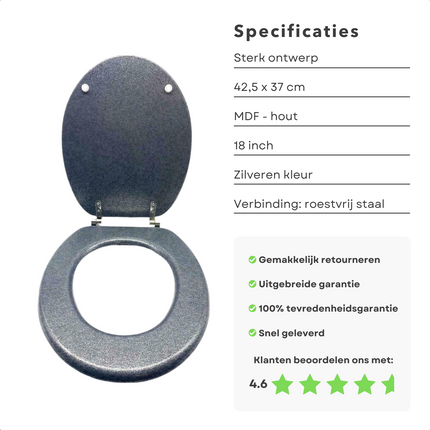 Cheqo® Toiletbril - WC Bril - 42.5x37cm - MDF-Hout - 18 inch - Zilverkleur - RVS Verbinding - 3.1kg WC-brillen