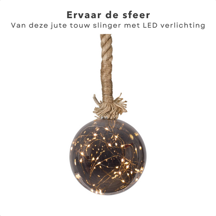 Cheqo® Jute Touw Verlichte Glazen Bal - Kerstbal - Kerstverlichting - 15 LED's - 10cm - 8-uurs Timer - Warm Wit - 100cm - 2x AA-Batterijen Verlichte Kerstfiguren