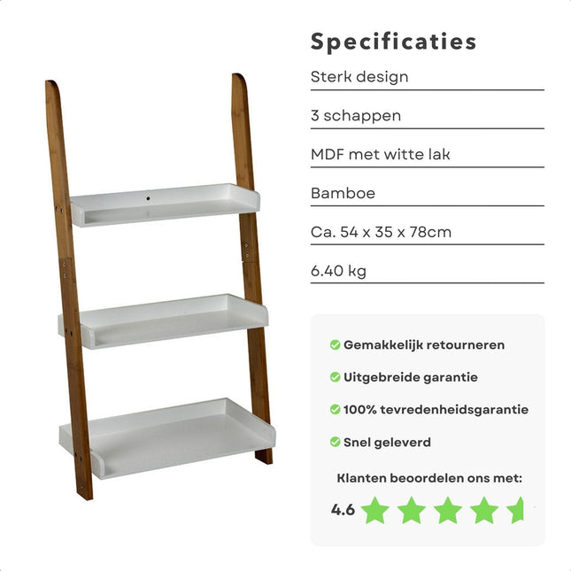Cheqo® Bamboe Wandrek met 3 Schappen - 54x35x78cm - Wit Gelakt MDF - 25/30/35cm Diepte - 6kg Wandrekken