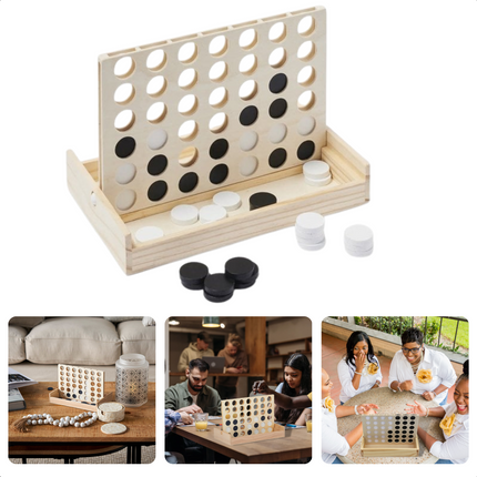 Cheqo® Vier op een Rij - Reisspel - Hout - 21 Steentjes - 23,5x15x17,8cm (lxbxh) - 270g - Licht & Makkelijk mee te nemen - Gezelschapsspel - Voor Jong & Oud - Bordspel - Voor in de Speelkast - Gemakkelijk mee te Nemen Actiespellen