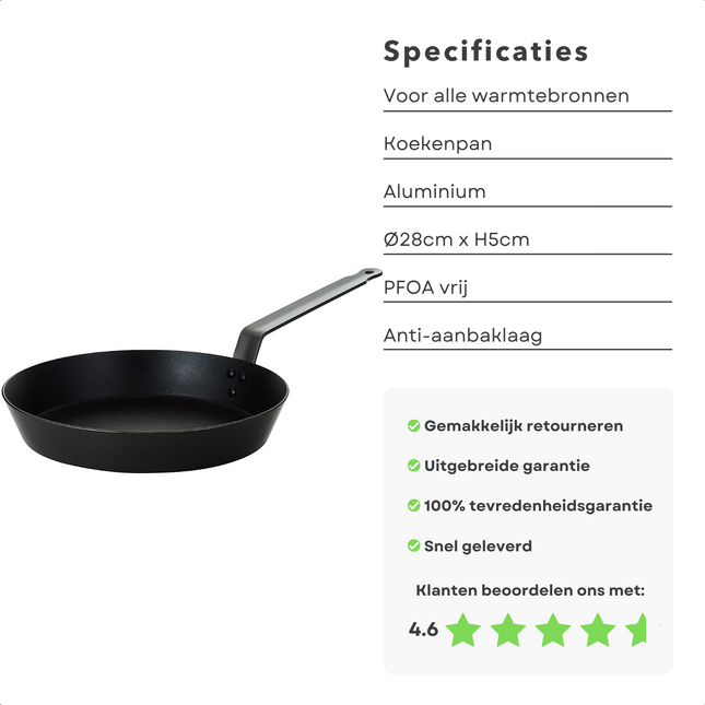 Cheqo® Aluminium Koekenpan - Bakpan - Ø28cm x H5cm - 2,5mm Dikte - Metaal Handvat - Alle Warmtebronnen - Gas, Elektrisch, Keramisch, Inductie, Halogeen, Oven - PFOA Vrij - Non-Stick Coating Koekenpan
