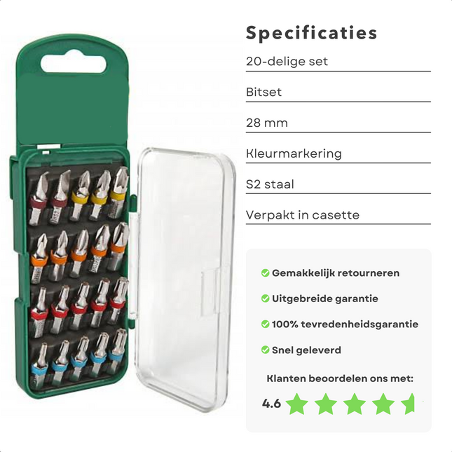 Cheqo® 20-dlg Bitset - 28mm Bits - S2 Staal - Handige Cassette - Zichtvenster - Voor Schroevendraaiers - Voor Schroefmachines - 20-delige set - Voor Professionals & Hobbyisten - Inclusief Cassette Bit & Boren Set