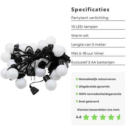 Cheqo® Partytentverlichting Lichtsnoer - 500 cm - 10 LED Lampen - 8 cm - Warm Wit - Timer - 6-18uurs - op Batterijen - Feestverlichting - Voor Binnen & Buiten Feestverlichting