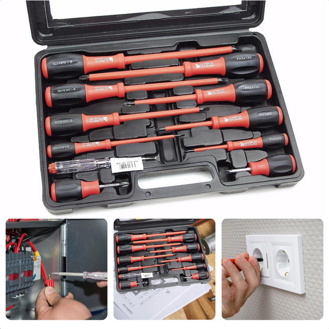 Cheqo® Schroevendraaierset - Schroevendraaier Set - PH - Spanningzoeker - 60mm 100-250V - Extra Gehard Staal - Magnetische Punten - In Kunststof Koffer Schroevendraaiers
