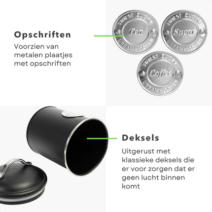 Cheqo® Voorraadbussen Zwart - Voorraadpotten - voorraaddozen  - Set van 3 stuks - Sugar, Tea, Coffee - 16cm Hoogte, 11cm Diameter - Metaal met Zwarte Matte Coating - 740g Gewicht Voorraadbussen