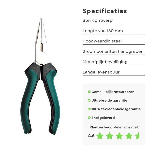 Cheqo® Telefoontang recht - 160 mm - Hoogwaardig Staal - Matverchroomd - 2-Componentengrepen - Afglijdbeveiliging - Tang - Handgereedschap - Lange levensduur Telefoontang