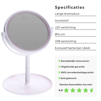 Cheqo® LED Make-up Spiegel met Licht - Spiegelverlichting - Spiegel met LED - 16cm Diameter - Touch Aan-Uit Schakelaar - USB-Connection - 4x AAA Batterijen - Kunststof - Wit Make-up spiegels