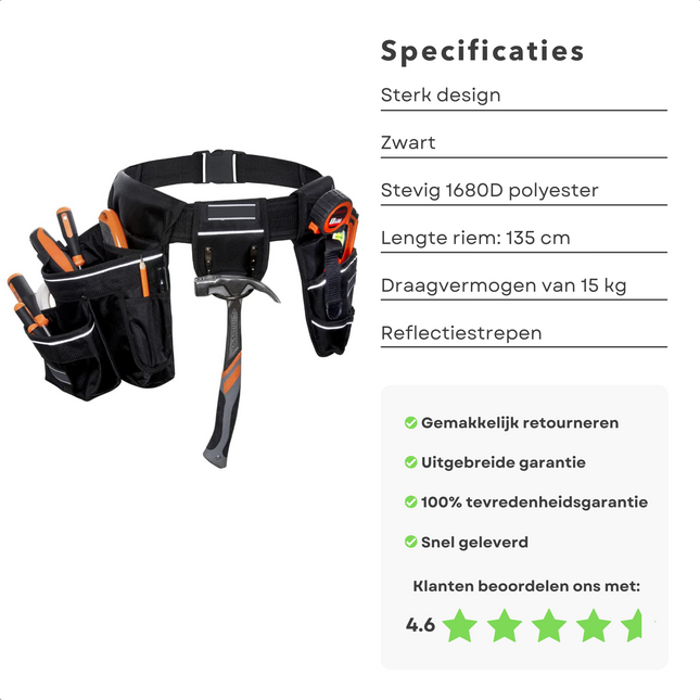 Cheqo® Robuuste Gereedschapsgordel met 2 Holsters - Gereedschapsriem - 1680D Polyester - Reflectiestrepen - Boormachinehouder - Hamerhouder - 135cm Lengte - 15kg Capaciteit - 12 Opbergopties Gereedschapsgordels
