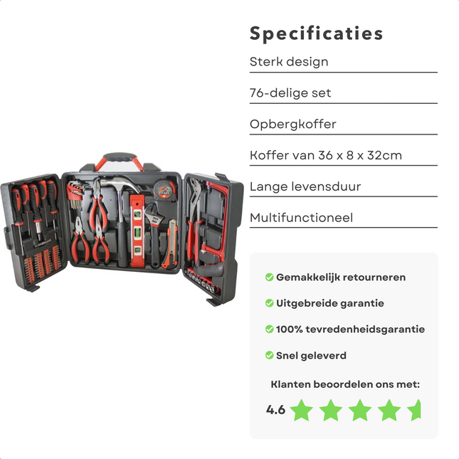 Cheqo® 76-delige Gereedschapset - Gereedschap Set - Schroevendraaiers, Bits, Stiftsleutelset, Combinatietang, Klauwhamer, Rolbandmaat, Afbreekmes, Zaagbeugel, Doppen, Waterpas - 36x8x32cm Gereedschapskoffer Gereedschapsset