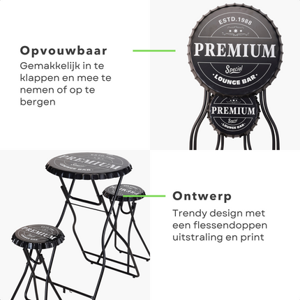 Cheqo® Premium Statafel Set - Statafel & 2 Stoelen - Bartafel met Krukken - Zwart - 101cm x 60cm - Opklapbaar - Tuin- & Homeparty - Bartafel - Sta Tafel Statafel