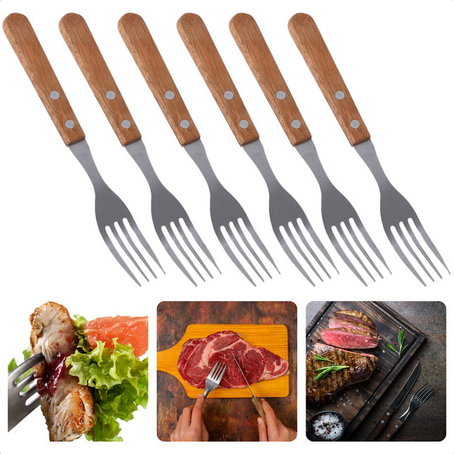Cheqo® 6-delige Steakvorken Set - 19,5 cm - Roestvrij Staal & Houten Handvat - Perfect voor BBQ - Steak Vorken Vorken