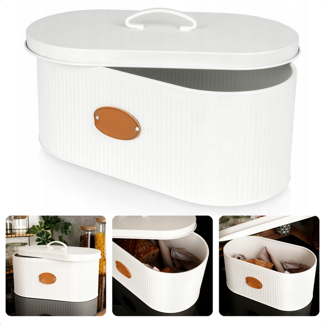 Cheqo® Broodtrommel - Brooddoos - Vershoudtrommel van Metaal - Wit - Brood Bewaren - 33x18x15cm - Handvat - 700g - Lunchbox - Brooddoos broodtrommel