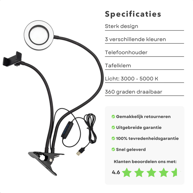 Cheqo® Selfie LED Light - Ringlamp met Telefoonhouder - Make-Up Lamp - TikTok Lamp - Ringlicht met 3 Kleuren - 10 Standen - Telefoonhouder - Tafelklem & 360° Draaibaar - USB Ringlamp