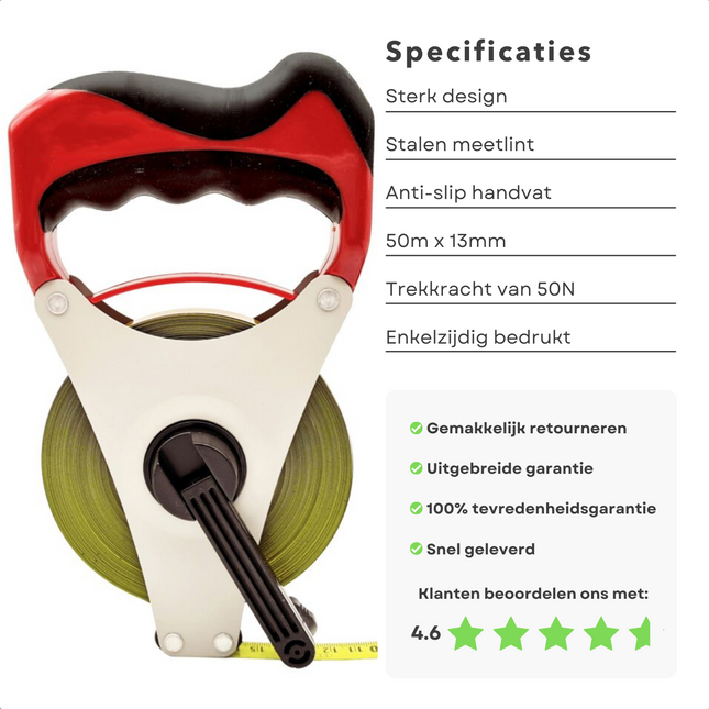 Cheqo® Meetlint van Staal - Meetlint met Haspel - Landmeter - 50 Meter - 13mm Breedte - Anti-Slip Softgreep - Metric cm/mm Meetlint