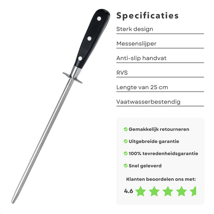 Cheqo® Messenslijper Aanzetstaal - Slijpstaaf - Slijpsteen - 25 cm - RVS - Vaatwasserbestendig Messenslijper