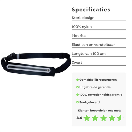 Cheqo® Verstelbare Sportriem met Rits - Running Belt - Running Bag - Heuptasje - Hardloop Heuptas - Hardloopriem - 100 cm Elastisch & Comfortabel - 100% Nylon - Ideaal voor Hardlopen, Wandelen & Fietsen Running belts
