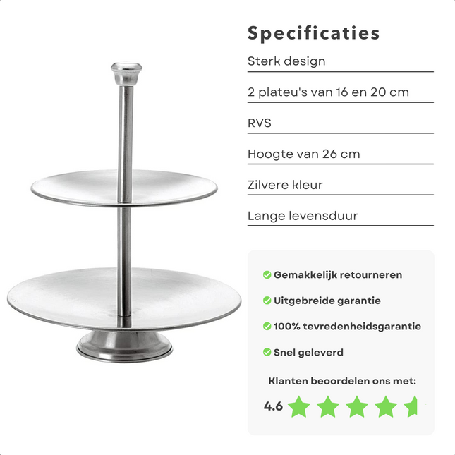 Cheqo® RVS Etagere - Serveertoren - Tapas - Cake Stand - Taartstandaard - 2 Plateaus - 26cm Hoog Etagere