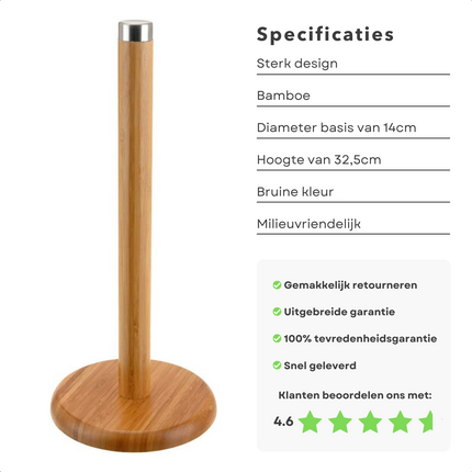 Cheqo® Handige Keukenrolhouder - Keukenpapier Houder - Rollenhouder - Milieuvriendelijk Bamboe - 14cm Diameter Basis - 32.5cm Hoogte Keukenrolhouder