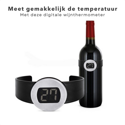 Cheqo® Digitale Wijn Thermometer - Thermometer voor Wijnfles - Wijn Accessoires - Meet Temperatuur - RVS & Kunststof - -9°C tot +70°C - 65-80mm Wijnthermometer