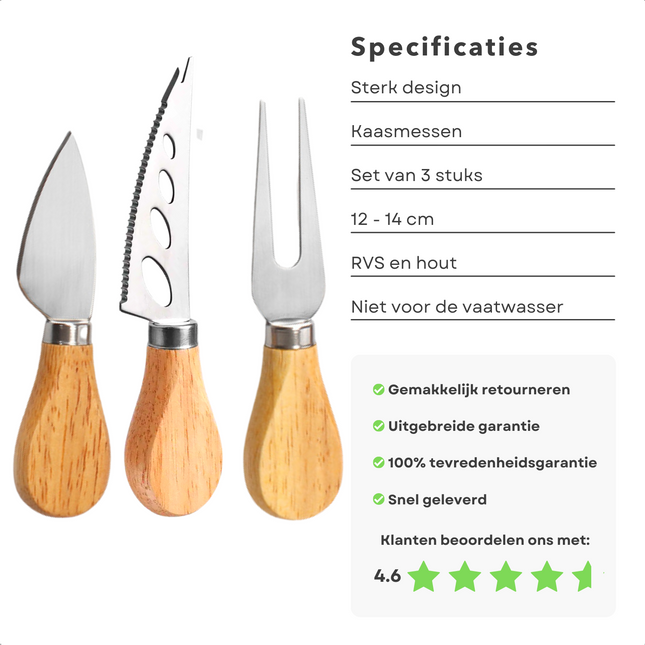 Cheqo® Kaasmesjes Set - Kaasmessen - Messen voor Kaasplank - 3 Stuks - 12-14 cm - Houten Handvat - Niet Vaatwasserbestendig Kaasmes
