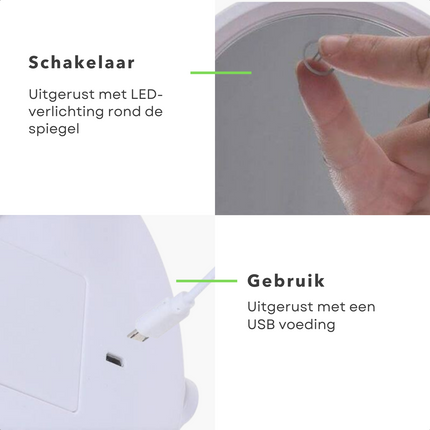 Cheqo® LED Make-up Spiegel met Licht - Spiegelverlichting - Spiegel met LED - 16cm Diameter - Touch Aan-Uit Schakelaar - USB-Connection - 4x AAA Batterijen - Kunststof - Wit Make-up spiegels