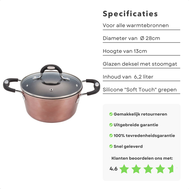 Cheqo® Luxe Kookpan met Deksel - 28x13cm - 6.2 liter - Gesmeed aluminium - 3-laagse marmer coating - PFOA-vrij/geen lood/geen cadmium - Siliconen Soft Touch Handgrepen - Koper Metallic Coating - Vaatwasmachinebestendig Kookpannen