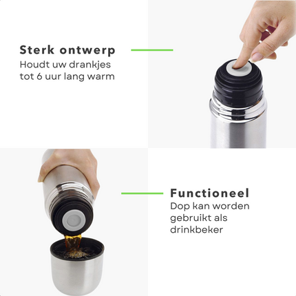 Cheqo® Dubbelwandige RVS Thermosfles met Beker - Isoleerfles - 0.75L - Matte Uitvoering Thermosfles